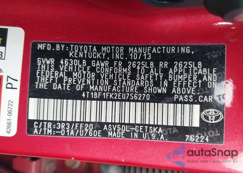 2014 Toyota Camry Se из США, поврежденный, VIN 4T1BF1FK2EU756270